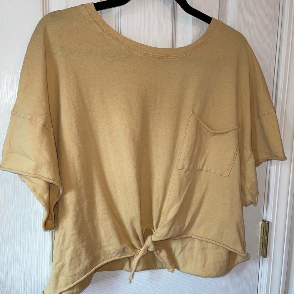 aerie Short Sleeve Tie-Hem Pocket Tee in Pale Yellow - Picture 5 of 8